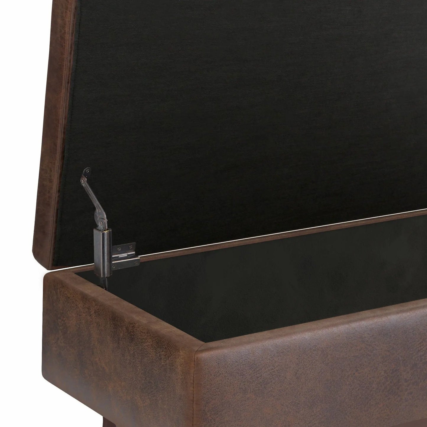 Owen - Upholstered rectangular storage ottoman in brown leather with black top and metal hinges on Tampa Home & Garden Store