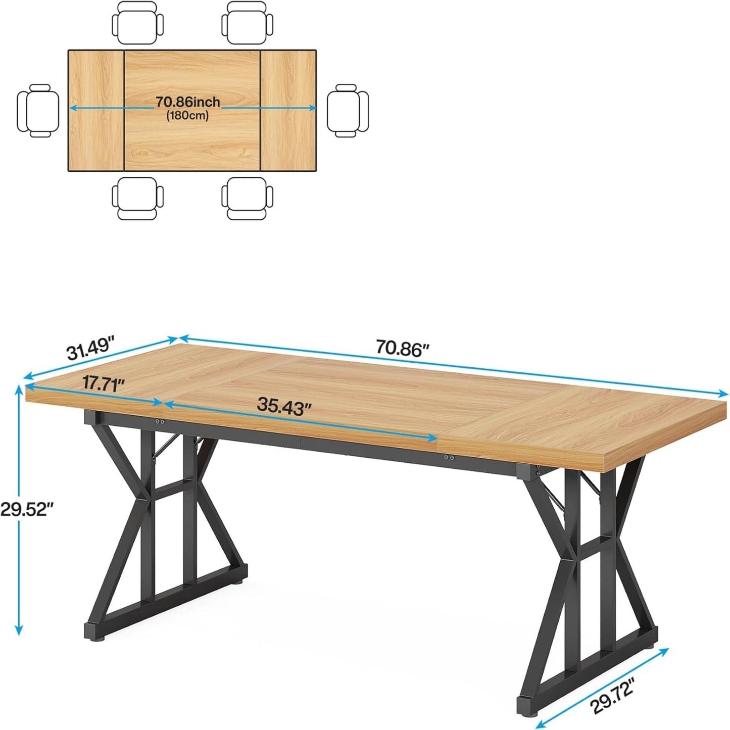Rectangular dining table with X-trestle metal legs, wood top, 70.86 inches long, HouseOfZazla on Tampa Home & Garden Store