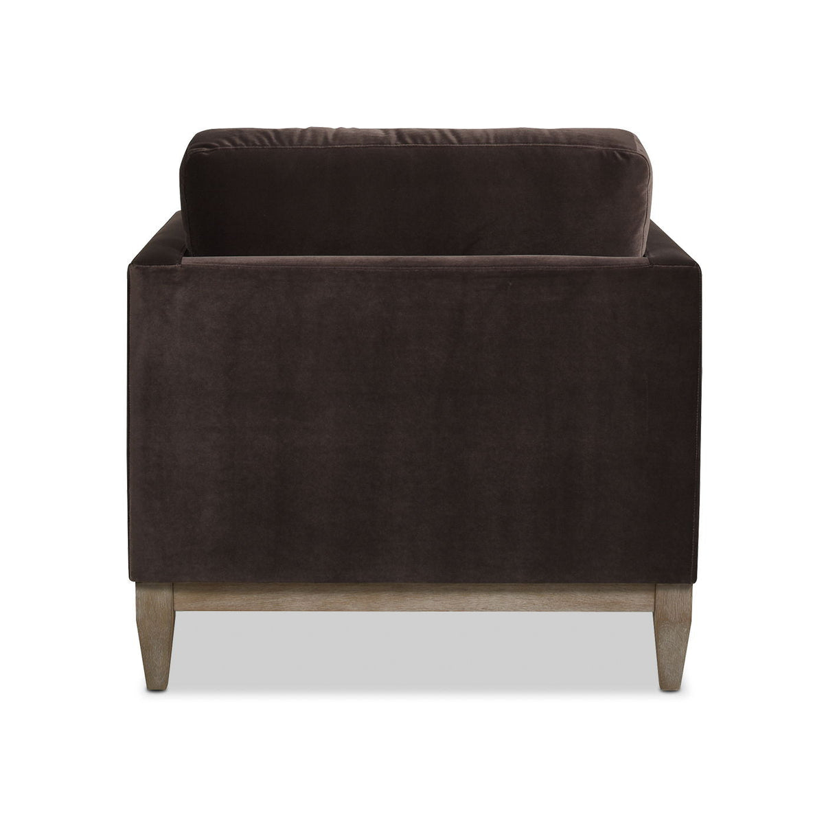Modern Farmhouse Arm Chair with Reversible Cushions back view in dark brown fabric and light wood legs on Tampa Home & Garden Store
