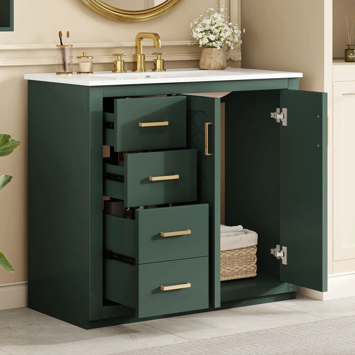 Vanity with sink in green cabinet, white countertop, 3 drawers and a door, brass hardware on Tampa Home & Garden Store