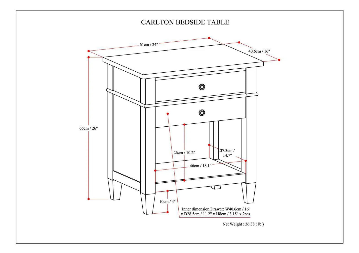 Carlton Bedside Table Handcrafted Solid Wood