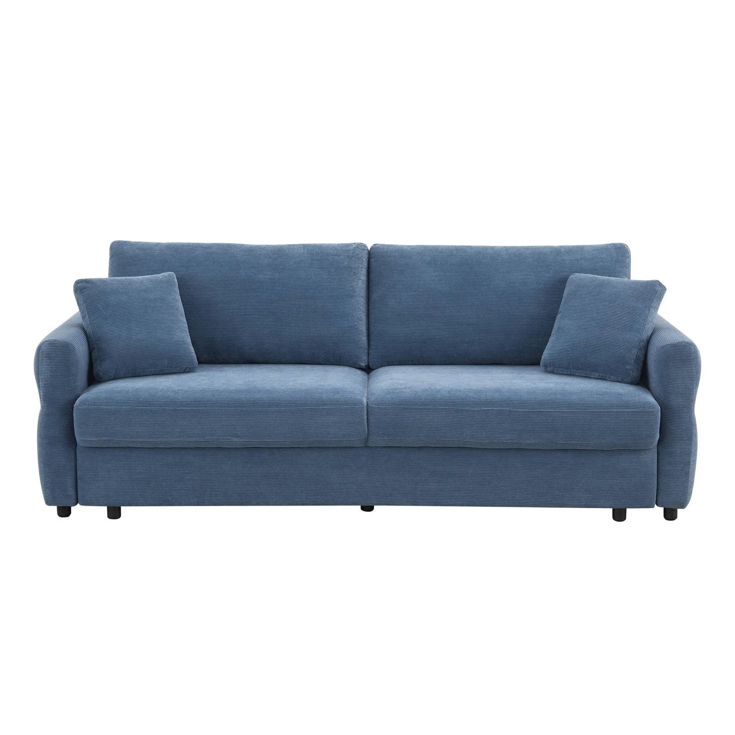 Haran pull-out sleeper sofa in blue corduroy with 2 square pillows on a compact two-seat frame on Tampa Home & Garden Store
