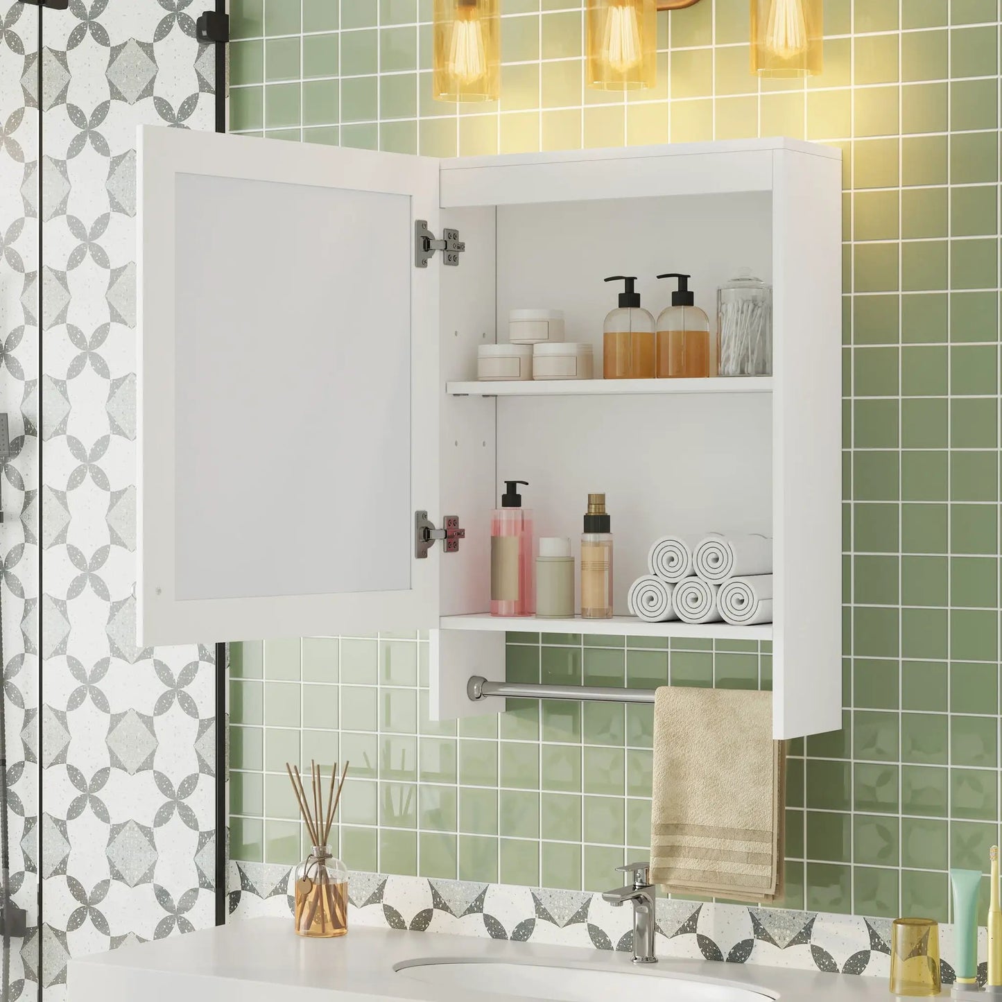 3-in-1 wall-mounted bathroom mirror cabinet white with adjustable shelf and towel bar on Tampa Home & Garden Store