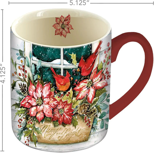 Merry and Bright ceramic mug 14 oz with red handle featuring festive poinsettias and cardinals on Tampa Home & Garden Store
