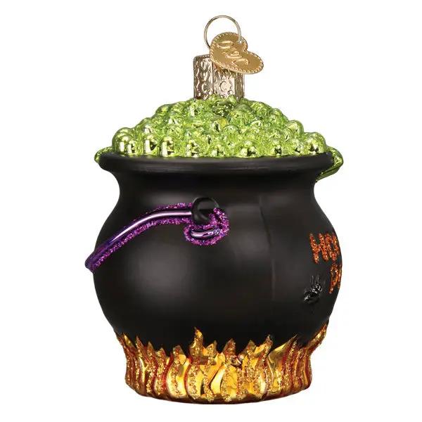 Halloween Cauldron Ornament black pot with green bubbling top, purple rope handle, glittering gold flames on Tampa Home & Garden Store