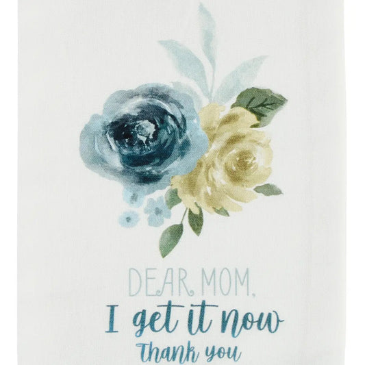 Dear Mom decorative dish towel with blue and pale yellow florals and grateful heart theme on Tampa Home & Garden Store