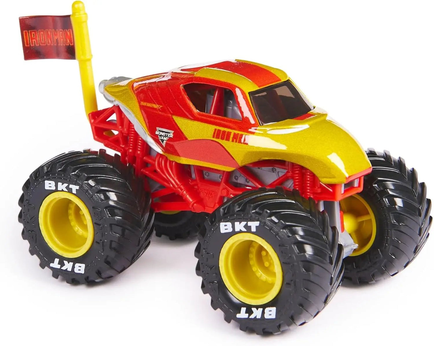 Monster Jam Iron Man 1:64 die cast monster truck red-yellow body with large BKT tires on Tampa Home & Garden Store