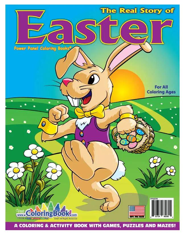 Real Story of Easter Coloring Book featuring a bunny with a basket in a sunny field on Tampa Home & Garden Store