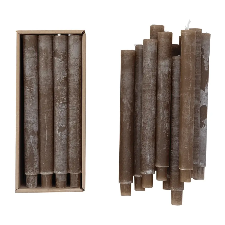 Unscented tapered candles by White Cliff Studio, brown-toned set of 6 in a box and loose group on Tampa Home & Garden Store