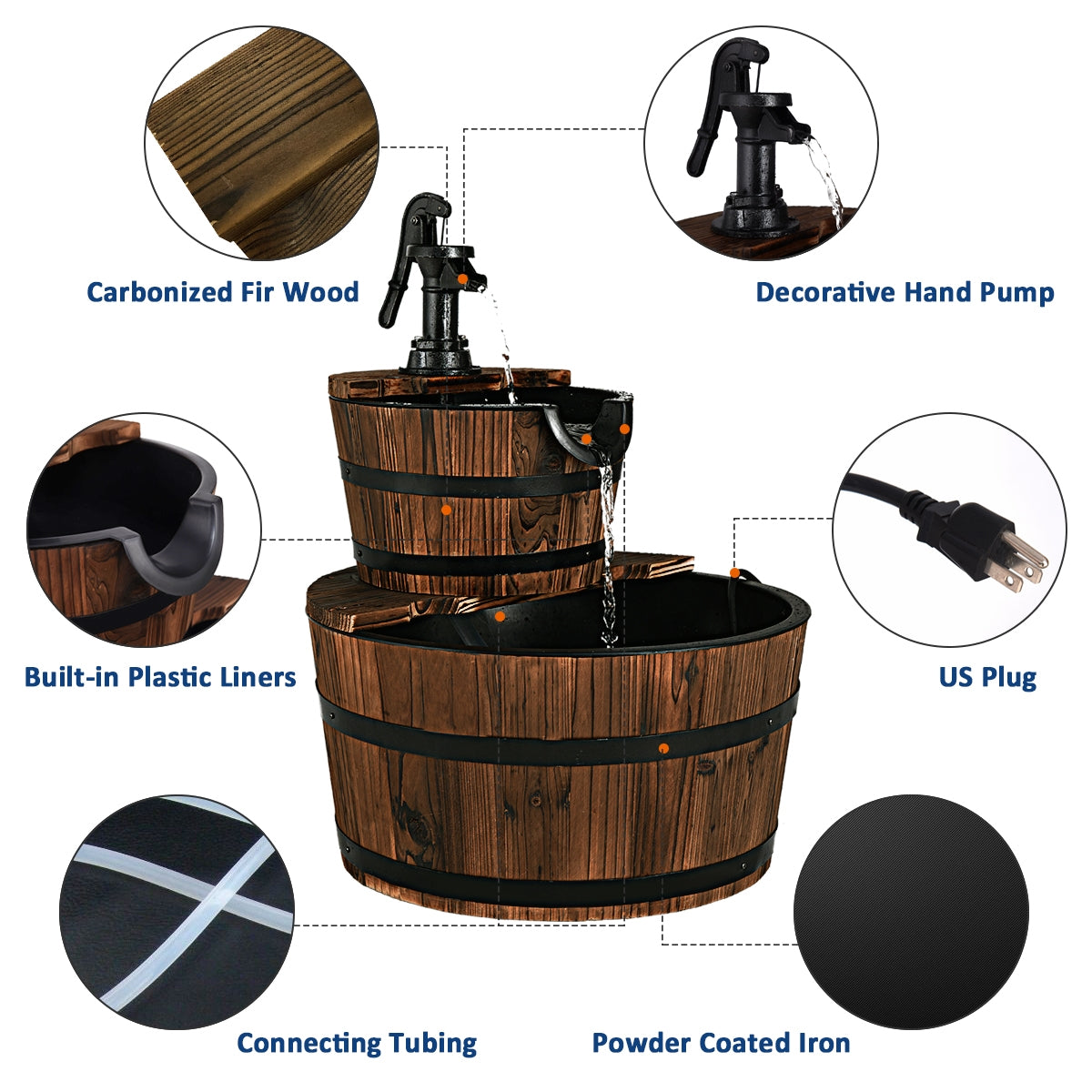 Fuente de barril de madera de dos niveles para exterior con bomba