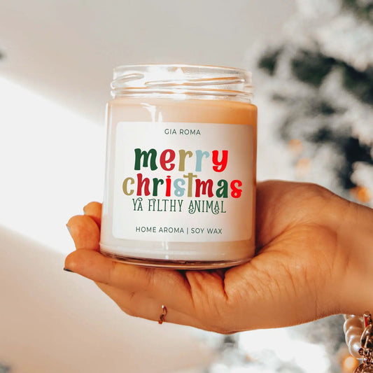 Candle Gia Roma Merry Christmas peach-colored jar with label soy wax home aroma on Tampa Home & Garden Store
