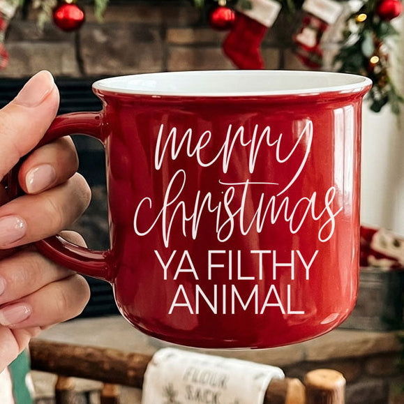 Gia Roma red ceramic coffee mug with Merry Christmas Ya Filthy Animal text on Tampa Home & Garden Store
