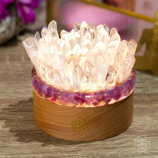 Find My Peace quartz crystal night light with tourmaline clusters on wood base on Tampa Home & Garden Store
