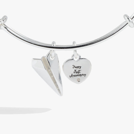 First Anniversary Bangle by Alex and Ani, silver-tone bracelet with heart charm and charms on Tampa Home & Garden Store