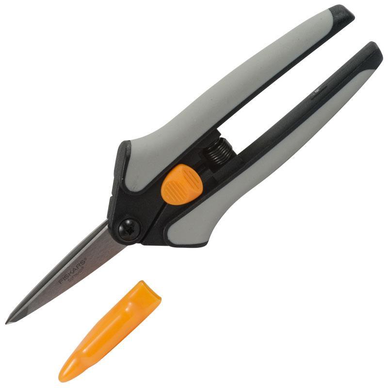 Fiskars Softouch Micro-Tip Pruning Snip gray/black handles with orange knob and cap on Tampa Home & Garden Store