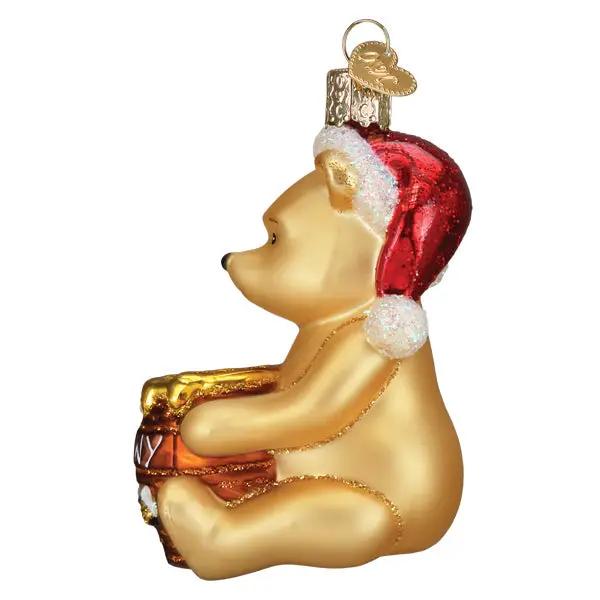 Winnie the Pooh glass ornament red Santa hat, seated with gift by Country Christmas Loft on Tampa Home & Garden Store