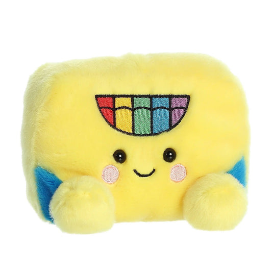Doodle Plush Crayon Box Palm Pal plush toy with rainbow crayon patch on yellow fur on Tampa Home & Garden Store