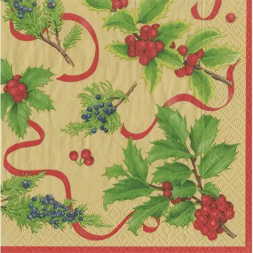 Christmas Trimmings Gold Cocktail Napkins with holly motif on gold background on Tampa Home & Garden Store