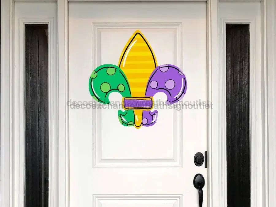 Fleur De Lis wood wreath sign Mardi Gras door hanger in yellow green purple DecoExchange on Tampa Home & Garden Store