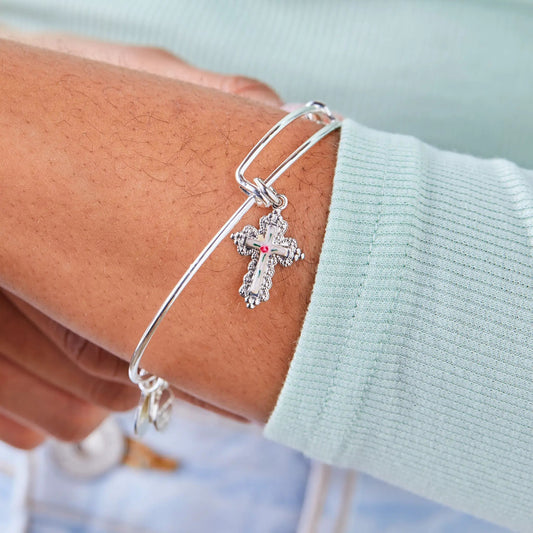 Floral Cross Charm Bangle Bracelet ALEX AND ANI, with enamel floral cross detail on Tampa Home & Garden Store