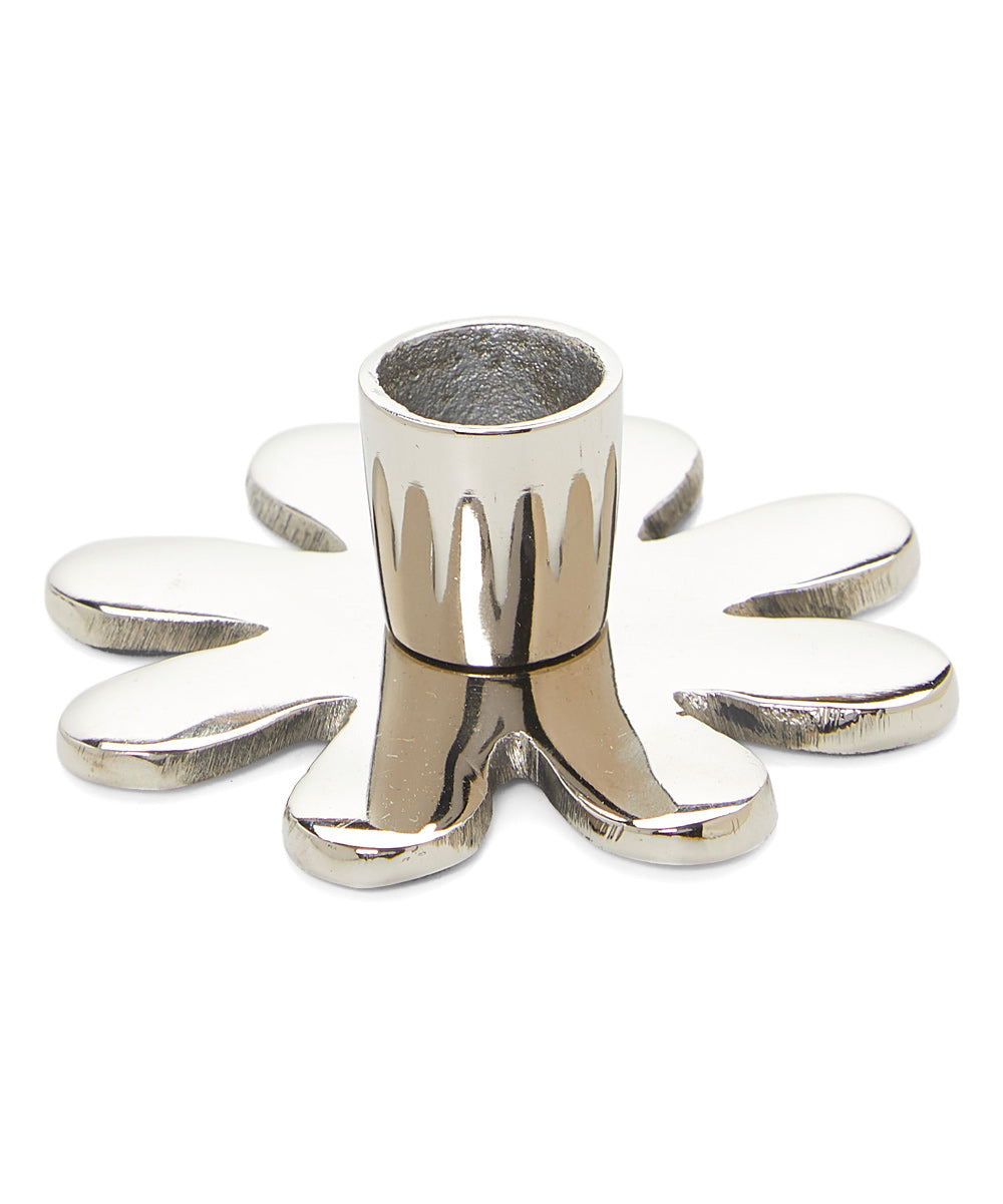 Vibhsa silver flower candle holder, 4-inch handcrafted aluminum base with petal arms on Tampa Home & Garden Store