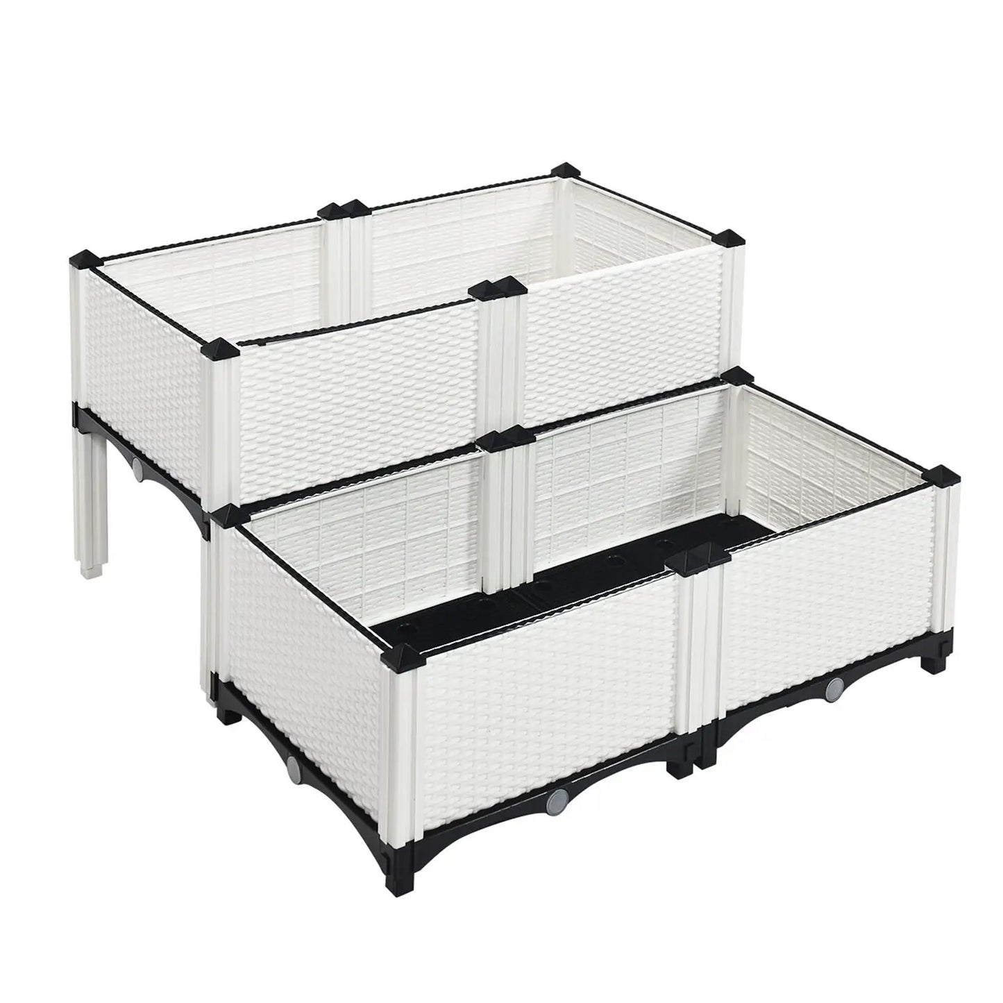 Set of 4 elevated planter boxes in white with black trim for flowers on Tampa Home & Garden Store