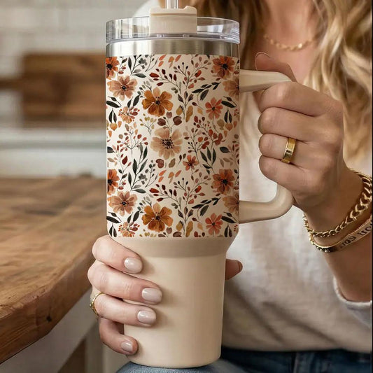 Gia Roma Floral Fall 40oz travel tumbler with beige body and floral sleeve on Tampa Home & Garden Store