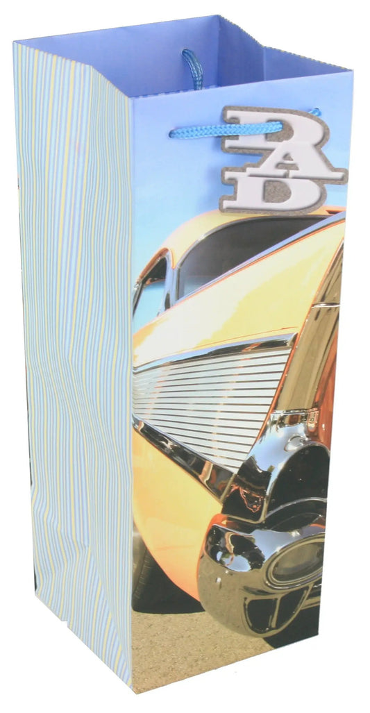 Dads Classic Car Bottle Gift Bag Yellow with blue striped sides and blue rope handles on Tampa Home & Garden Store