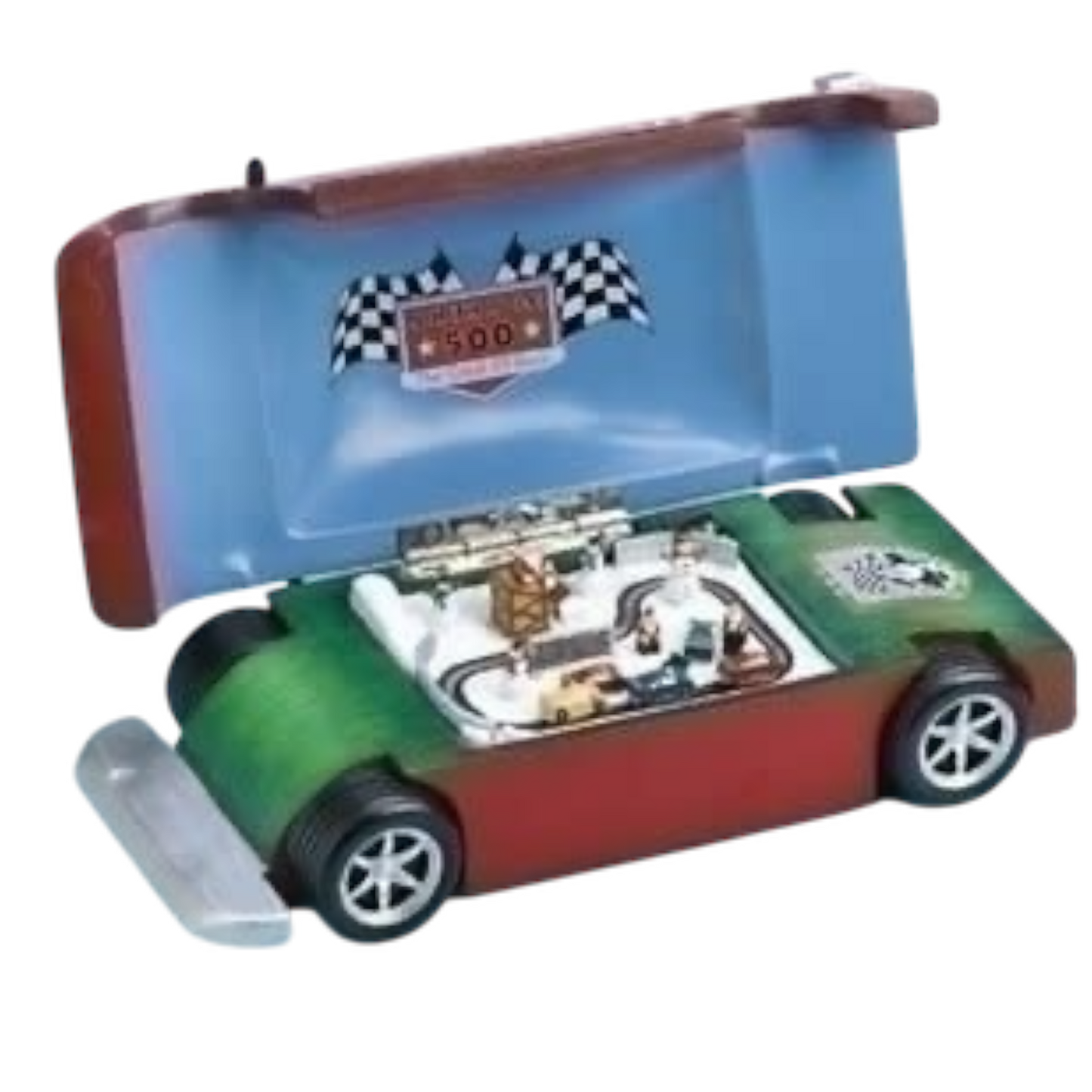 Musical Race Car with Track 10 Inch Playset blue hood red body green base with flag emblem on Tampa Home & Garden Store
