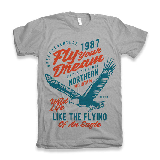Fly Your Dream men's bamboo viscose/organic cotton graphic tee in gray with teal eagle print on Tampa Home & Garden Store