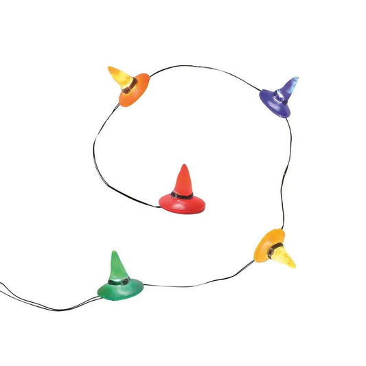 Lit Witch Hat string lights with five battery-powered hats for Halloween village decor on Tampa Home & Garden Store