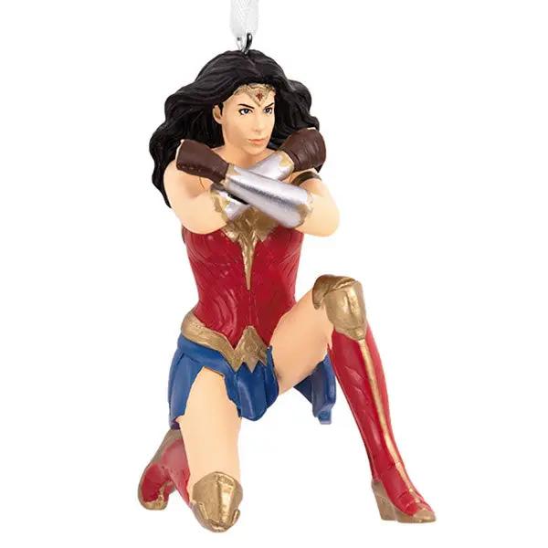 Hallmark Wonder Woman ornament, kneeling red bodice, blue skirt, gold accents, hanging loop on Tampa Home & Garden Store