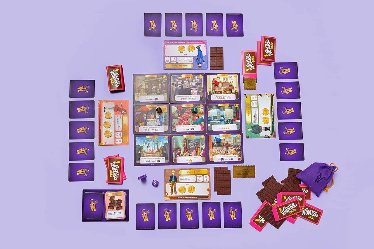 Willy Wonka the Golden Ticket Board Game with purple cards and central illustrated board on Tampa Home & Garden Store