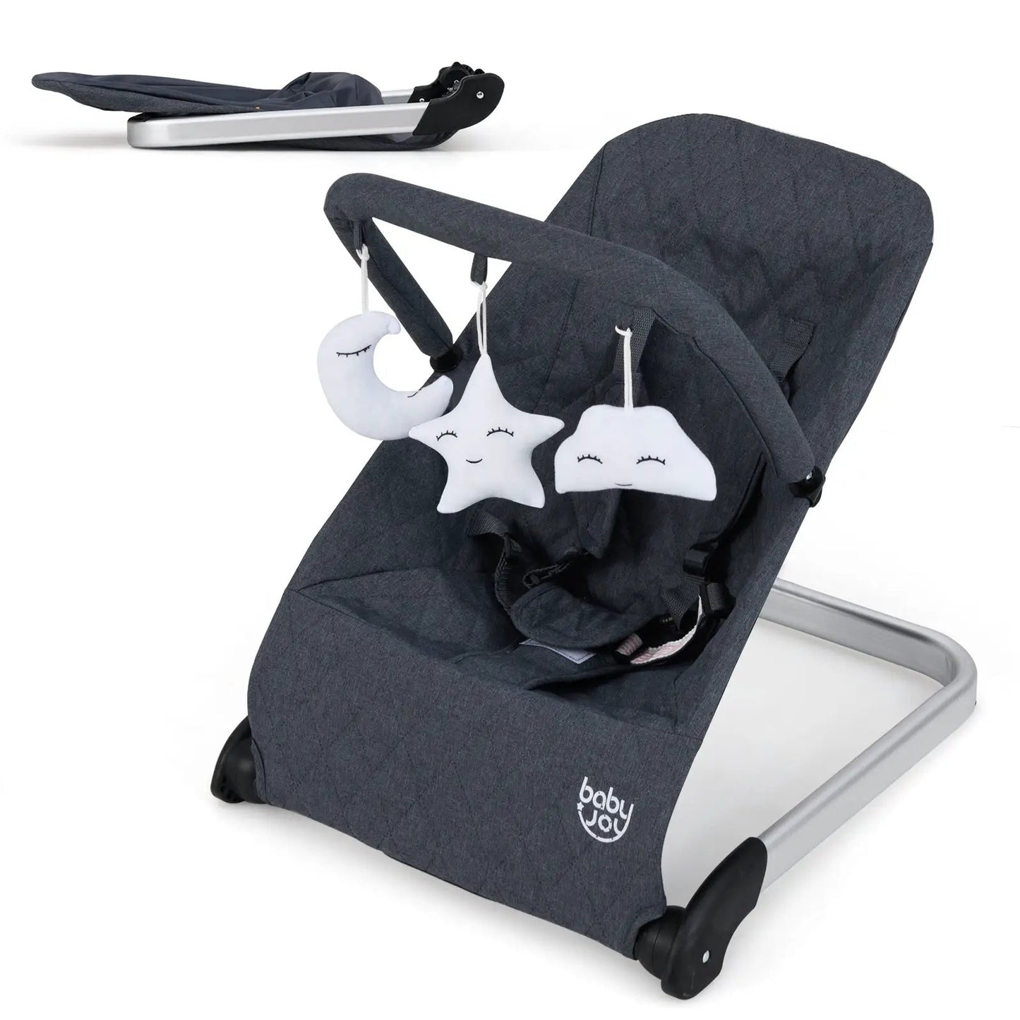 Foldable baby bouncer in gray fabric with removable cover and moon star plush toys Baby Joy on Tampa Home & Garden Store