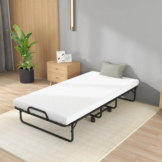 Twin Size Metal Folding Bed with Memory Foam Mattress, black frame and caster wheels on Tampa Home & Garden Store