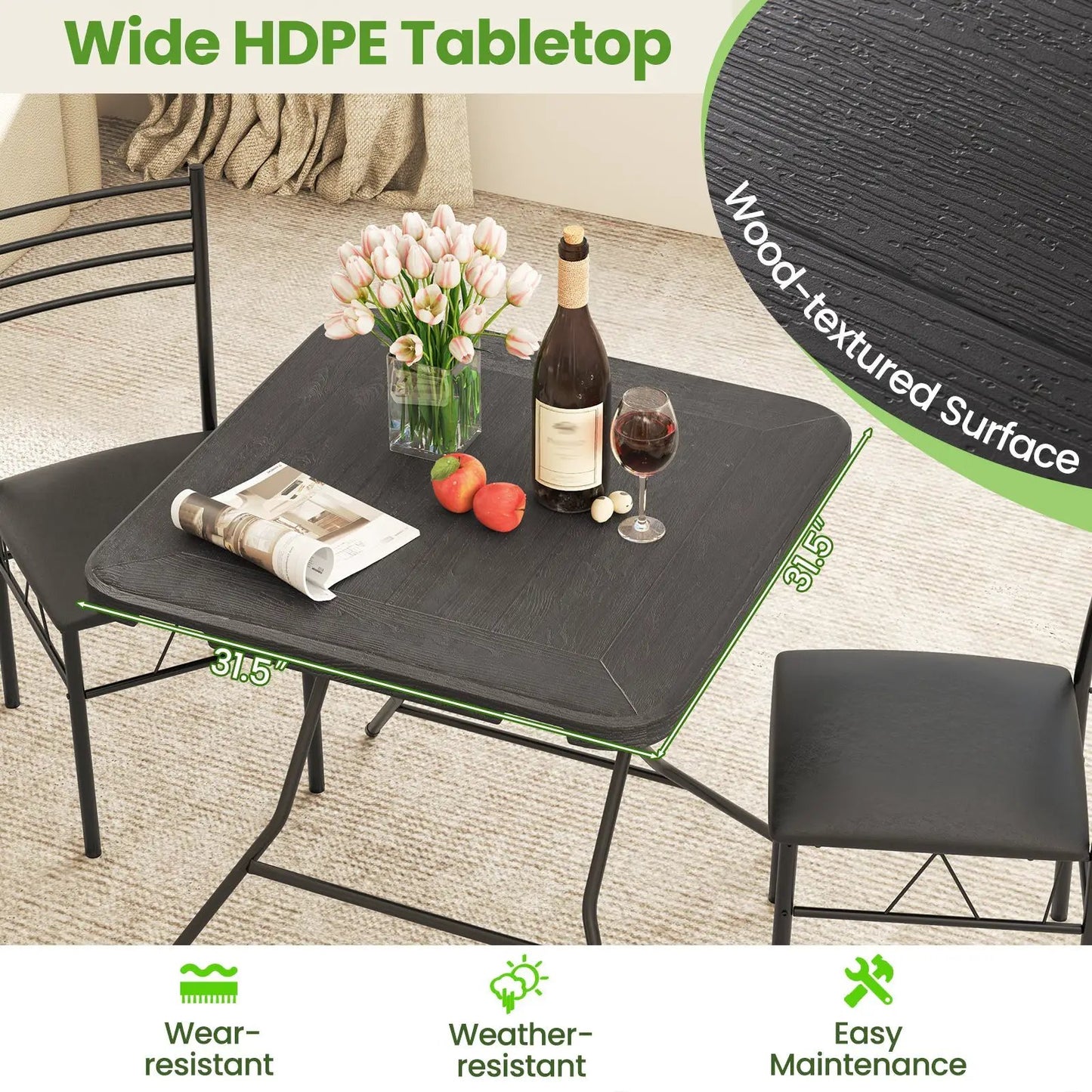 2.6FT Foldable Dining Table with Wood Grain HDPE Tabletop and Non-slip Foot Pads-Black - Tampa Home & Garden Store