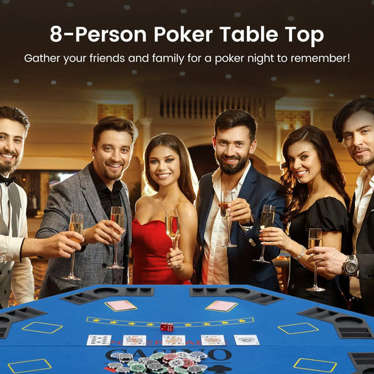 8-Player Foldable Poker Table Top blue with cards and chips on a casino-style table scene on Tampa Home & Garden Store