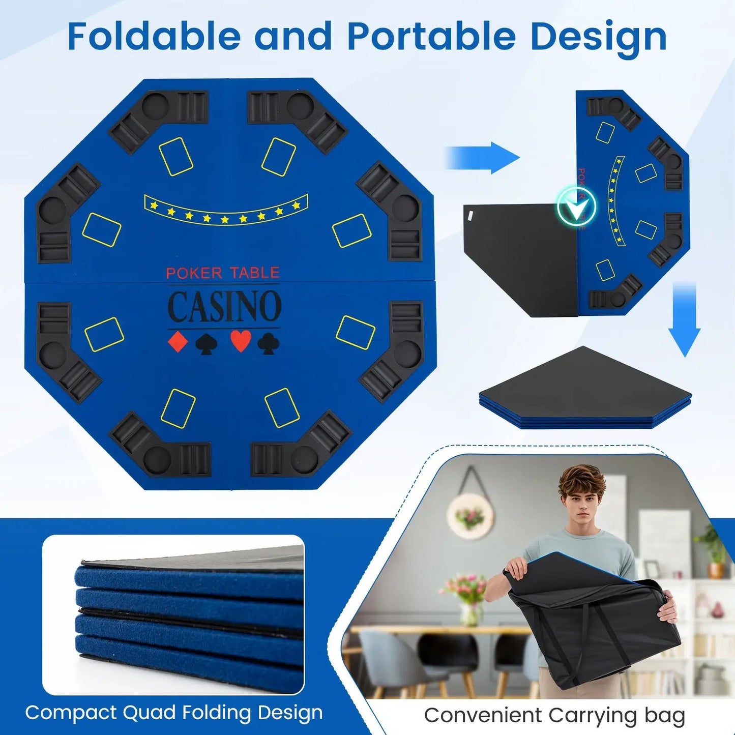 8-Player Foldable Poker Table Top with Carrying Bag-Blue - Tampa Home & Garden Store