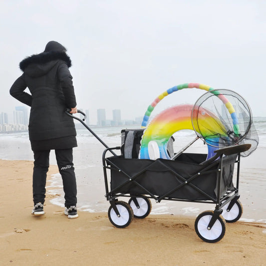 Folding Wagon Garden Cart Black with large white wheels for beach use on Tampa Home & Garden Store