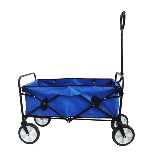 Blue folding wagon garden cart with black frame and fabric, four large wheels, pull handle on Tampa Home & Garden Store