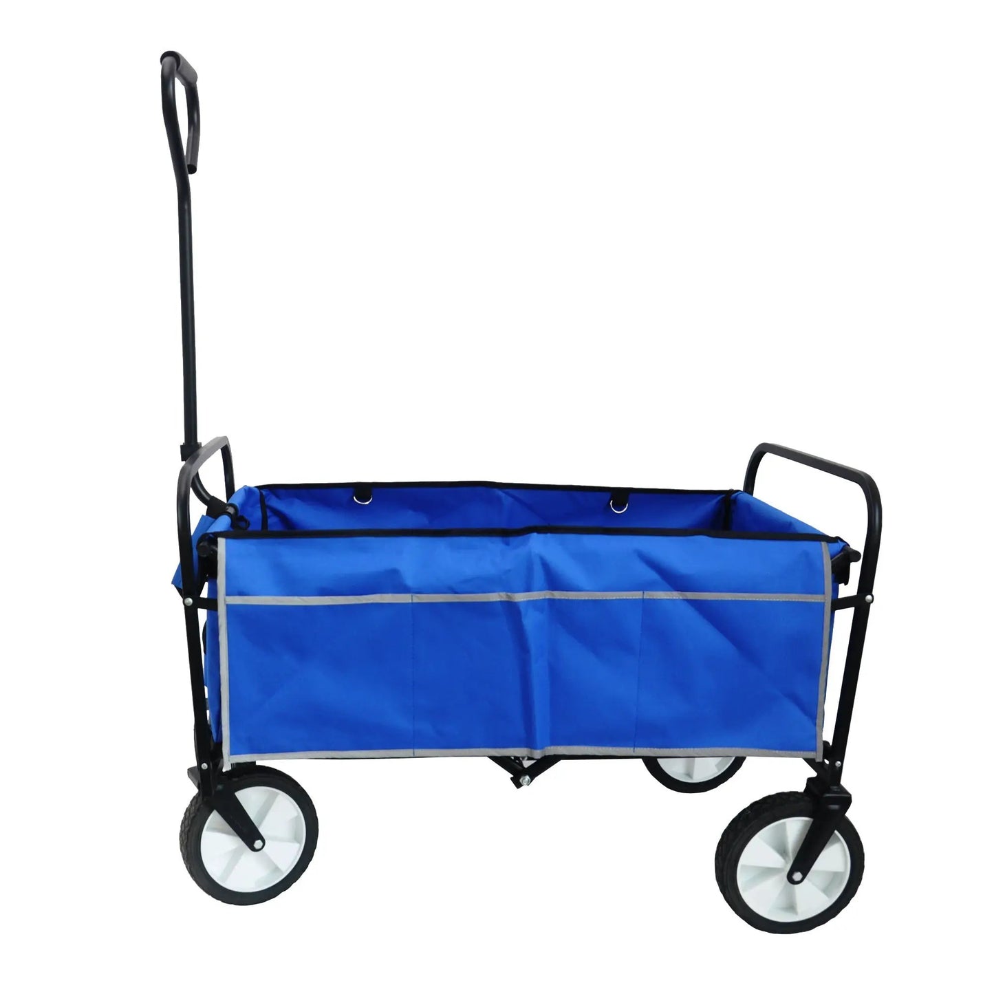 Folding wagon garden cart blue with fabric tote, four white wheels and long handle on Tampa Home & Garden Store