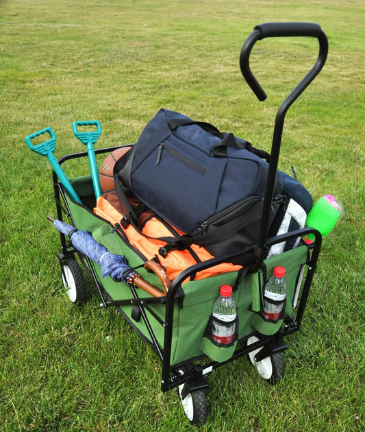 Folding wagon cart grass green with black frame, two teal shovels and water bottles on Tampa Home & Garden Store