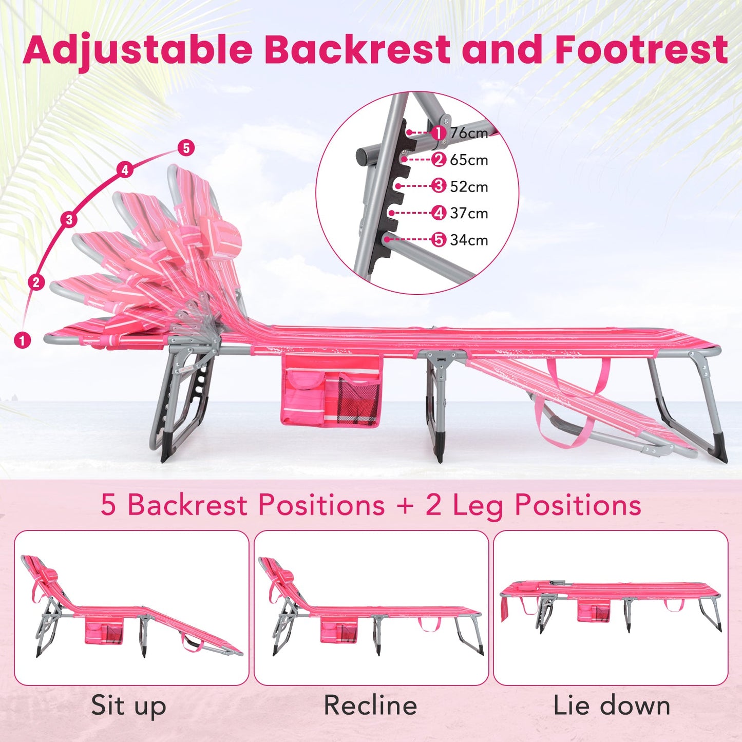DirectDeals Pink Folding Beach Lounge Chair With Pillow Sunlounger 5 Backrest + 2 Leg Positions on Tampa Home & Garden Store