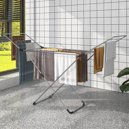 DirectDeals folding clothes drying rack with adjustable wings, silver frame, indoor outdoor use on Tampa Home & Garden Store