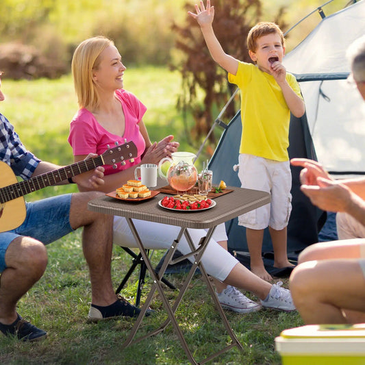 Folding picnic table with rattan grain HDPE top, brown tabletop and sturdy metal frame on Tampa Home & Garden Store