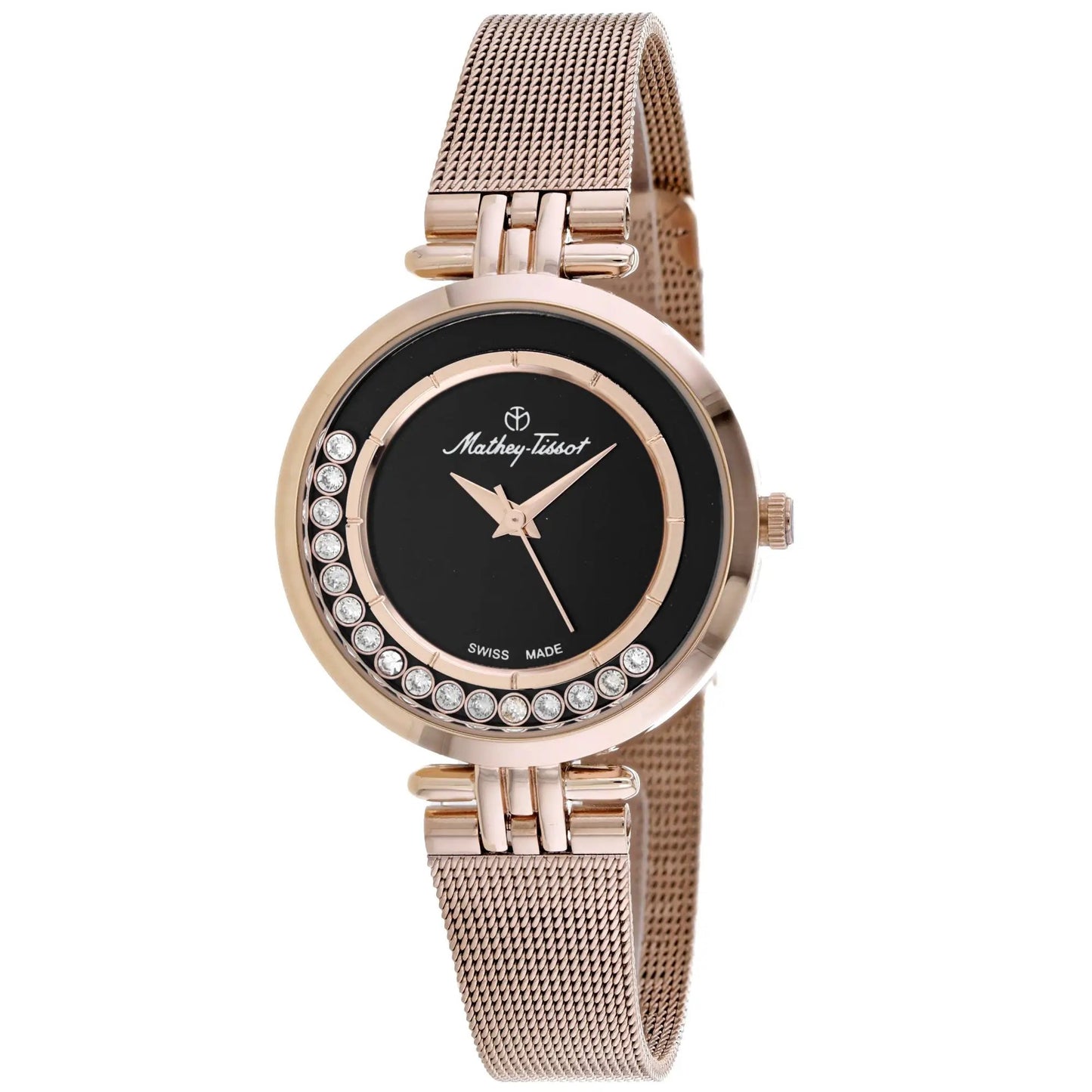 Mathey Tissot Fleury XVI Women's Watch rose-gold mesh band, black dial, crystal accents on Tampa Home & Garden Store