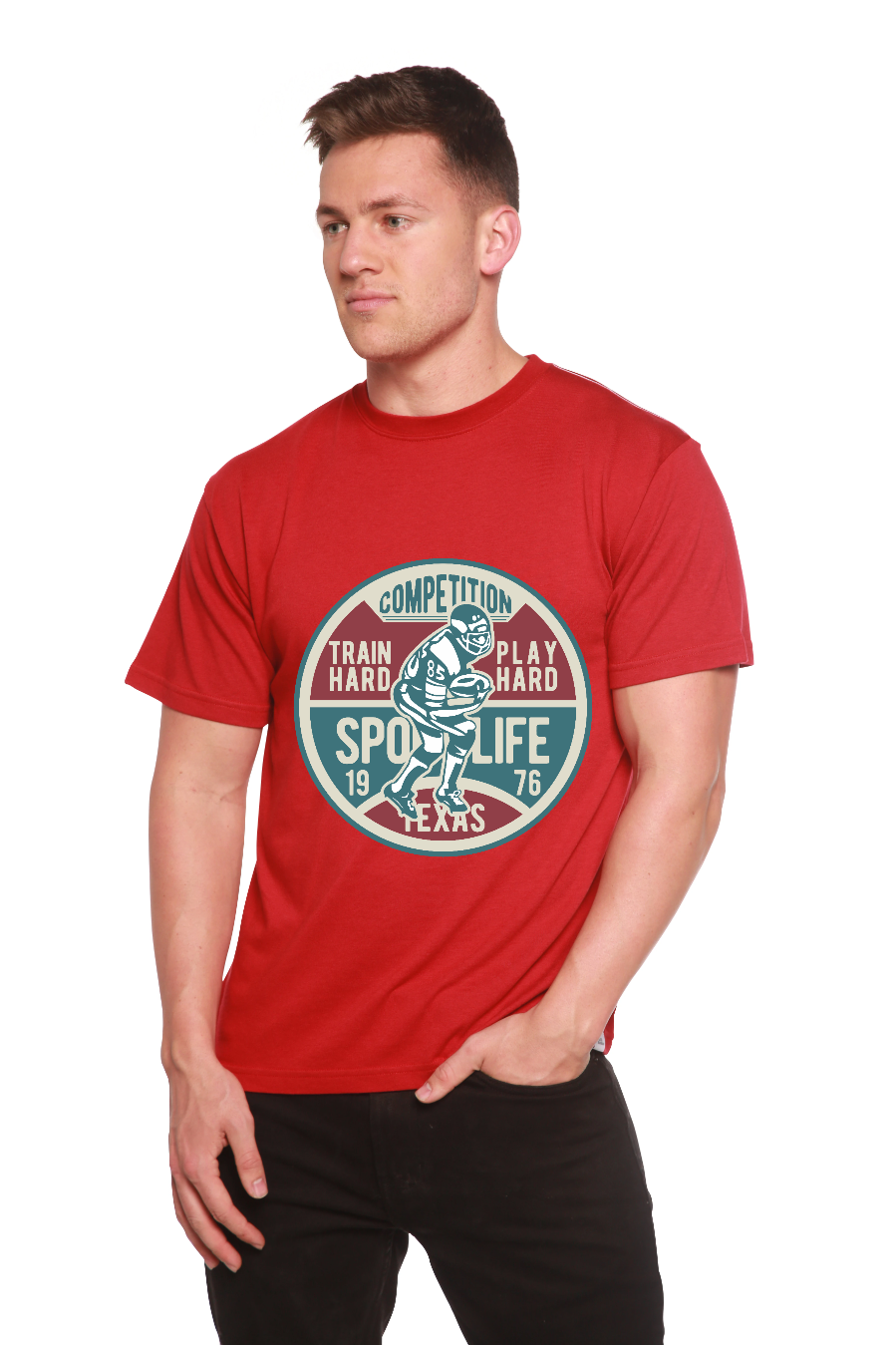 Football Competition men's Spun Bamboo graphic tee red with teal circular badge on Tampa Home & Garden Store