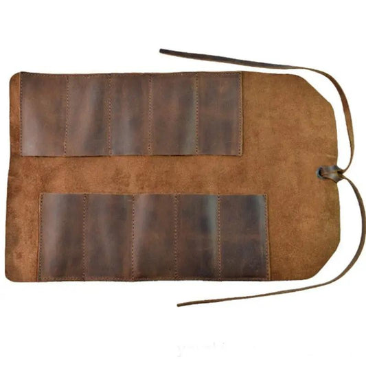 Leather craft tools pouch with two brown suede pockets on tan leather bag and adjustable strap on Tampa Home & Garden Store