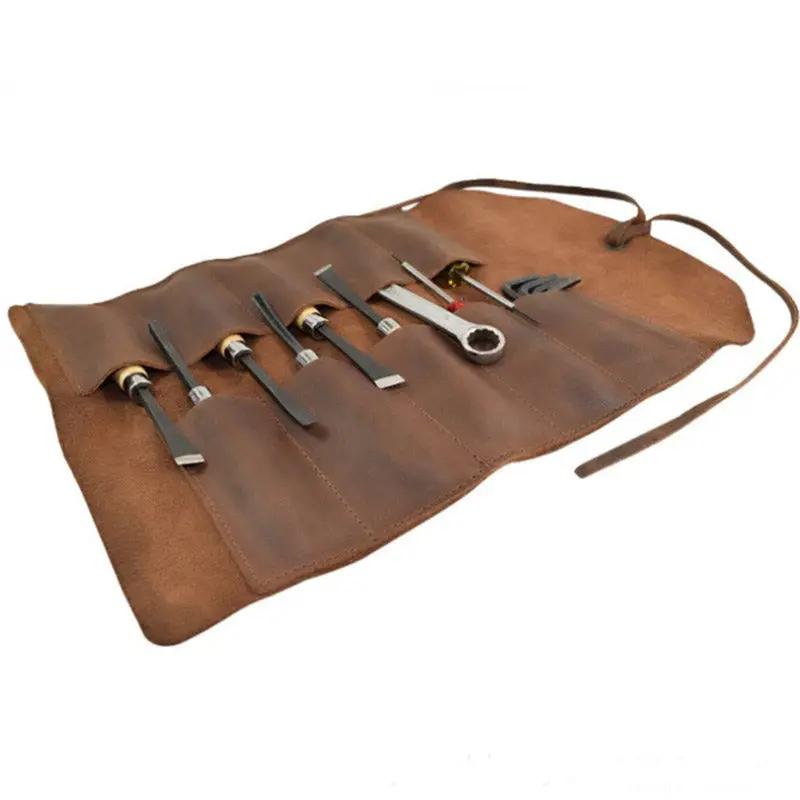 Leather craft tool pouch roll with 6 metal tools in brown leather bag on Tampa Home & Garden Store