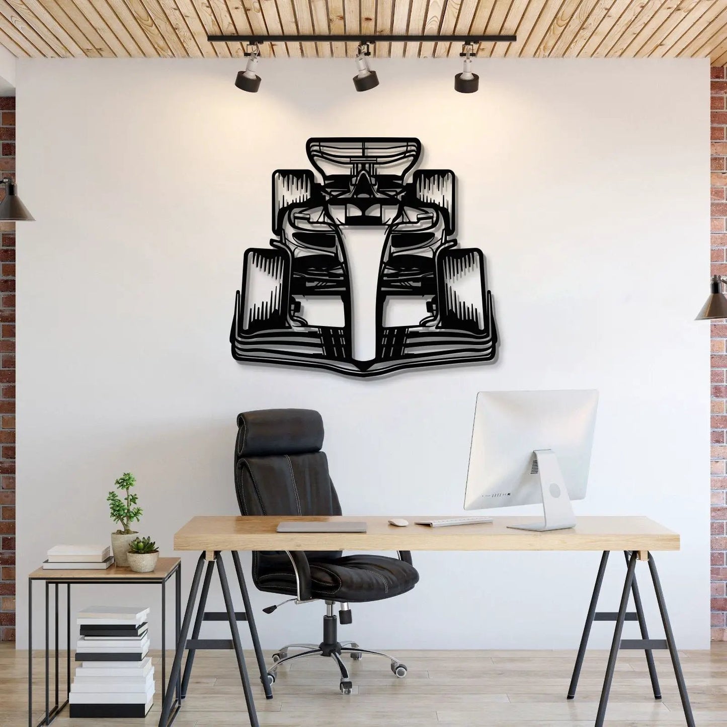 Front-view black metal Formula 1 car wall art for decor on Tampa Home & Garden Store